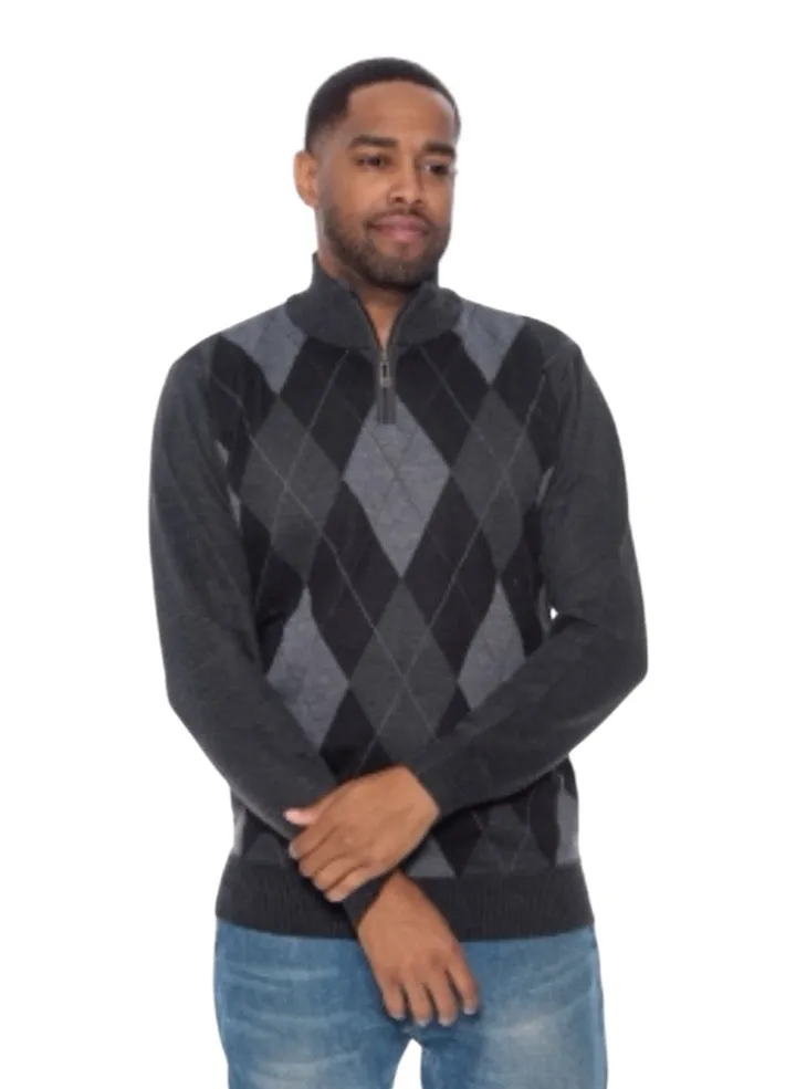 Black Men's Crewneck Sweater Argyle Pattern Quarter Zip Up Long Sleeve Knit Pullover-93