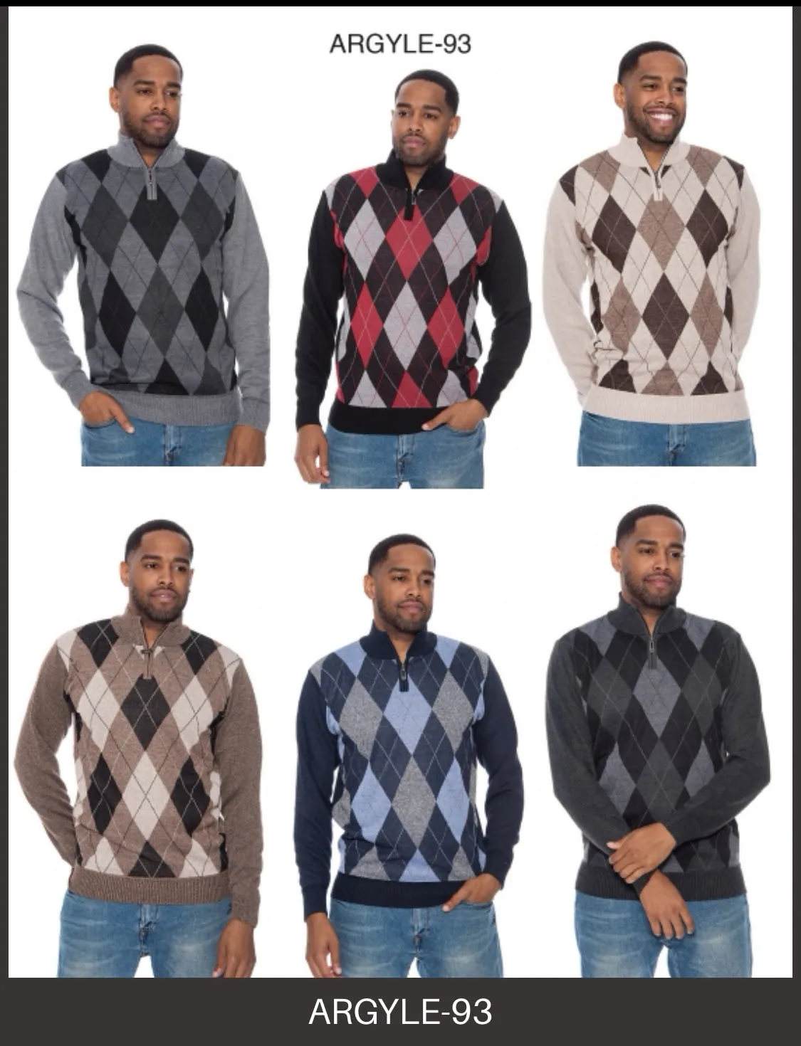 Black Men's Crewneck Sweater Argyle Pattern Quarter Zip Up Long Sleeve Knit Pullover-93