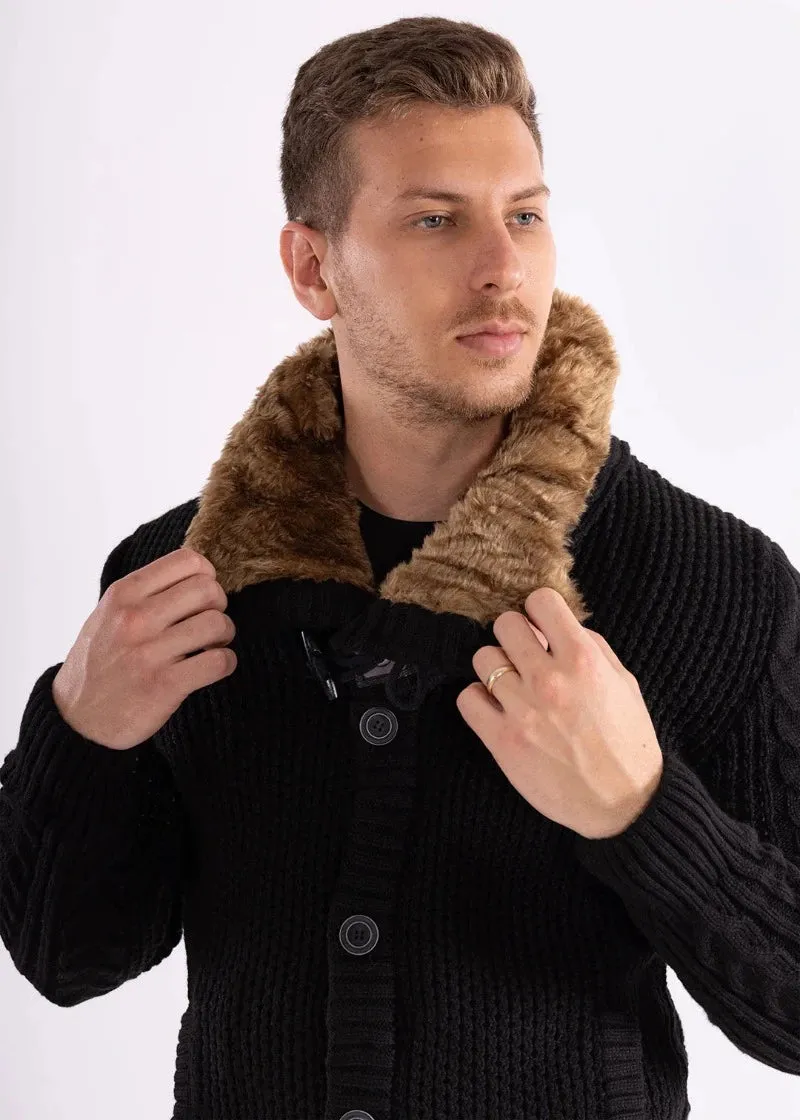 Black Men's Turtleneck Jacket Winter Cardigan Sweaters for Men with Fur