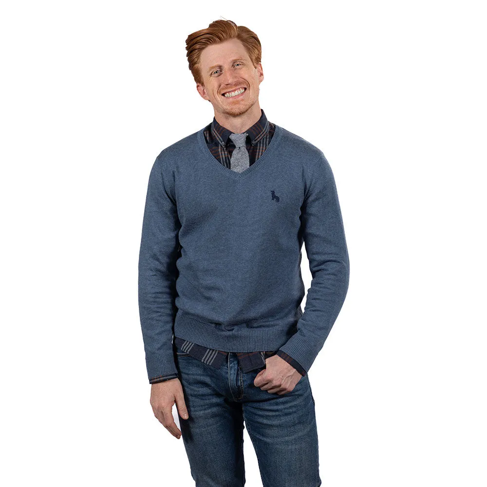 Blue-Grey Heather Fine Gauge Cotton V-Neck Sweater