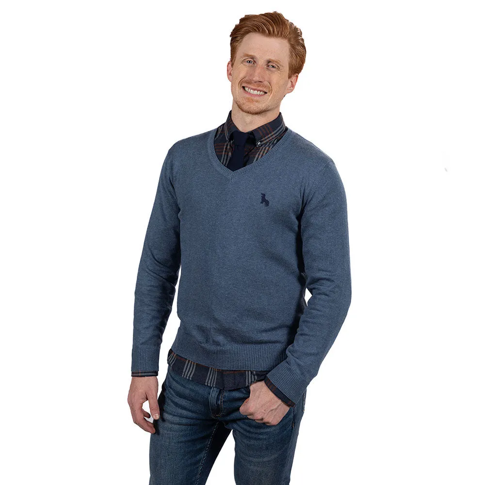 Blue-Grey Heather Fine Gauge Cotton V-Neck Sweater