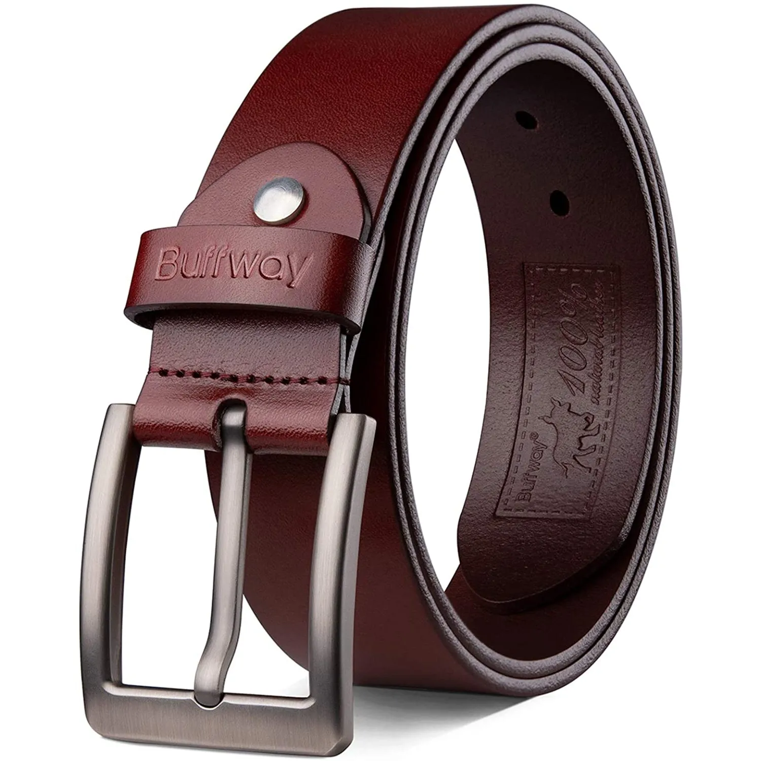 Buffway - Men's Belt Heavy Duty Italian Leather | Width 1.5" | Color Burgundy