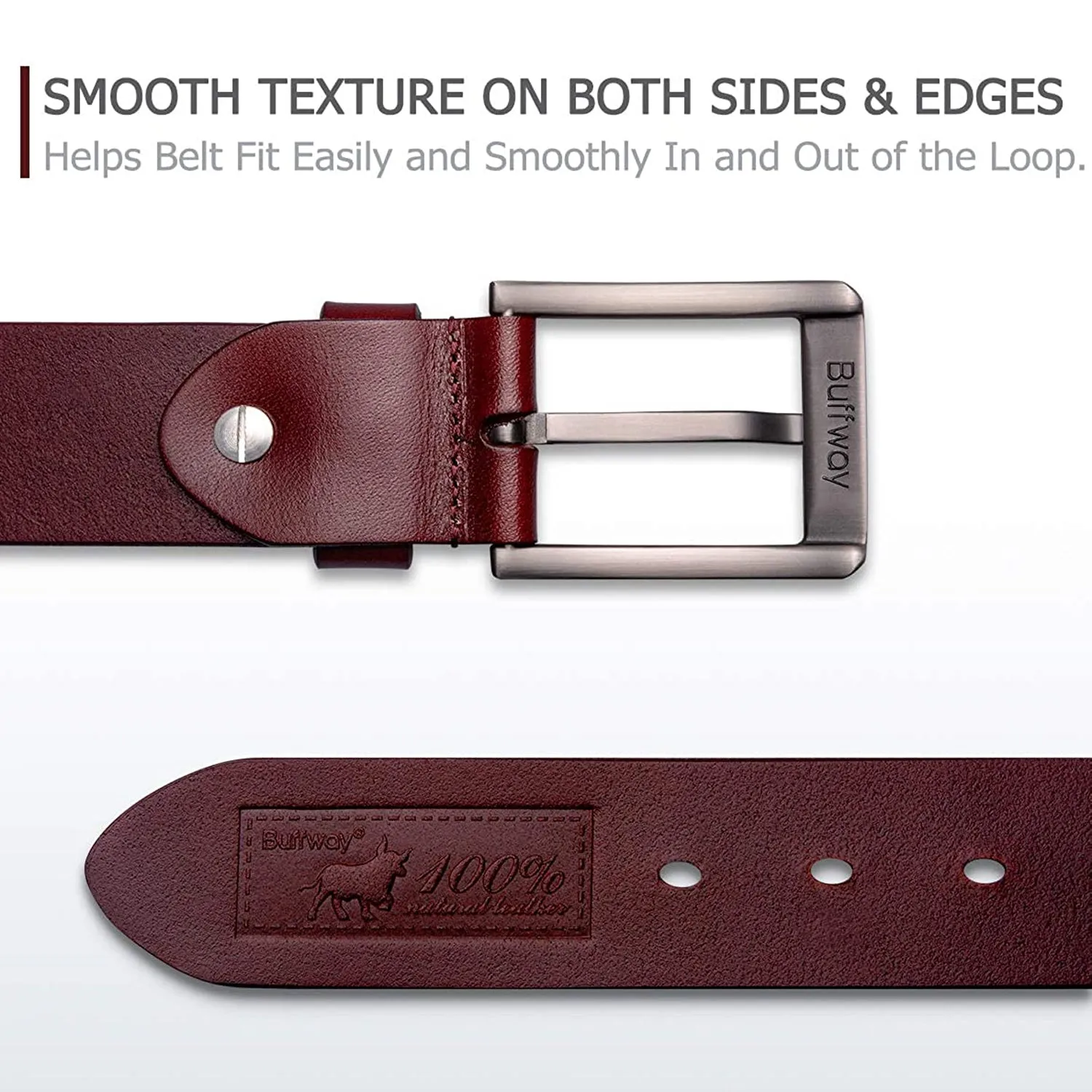 Buffway - Men's Belt Heavy Duty Italian Leather | Width 1.5" | Color Burgundy