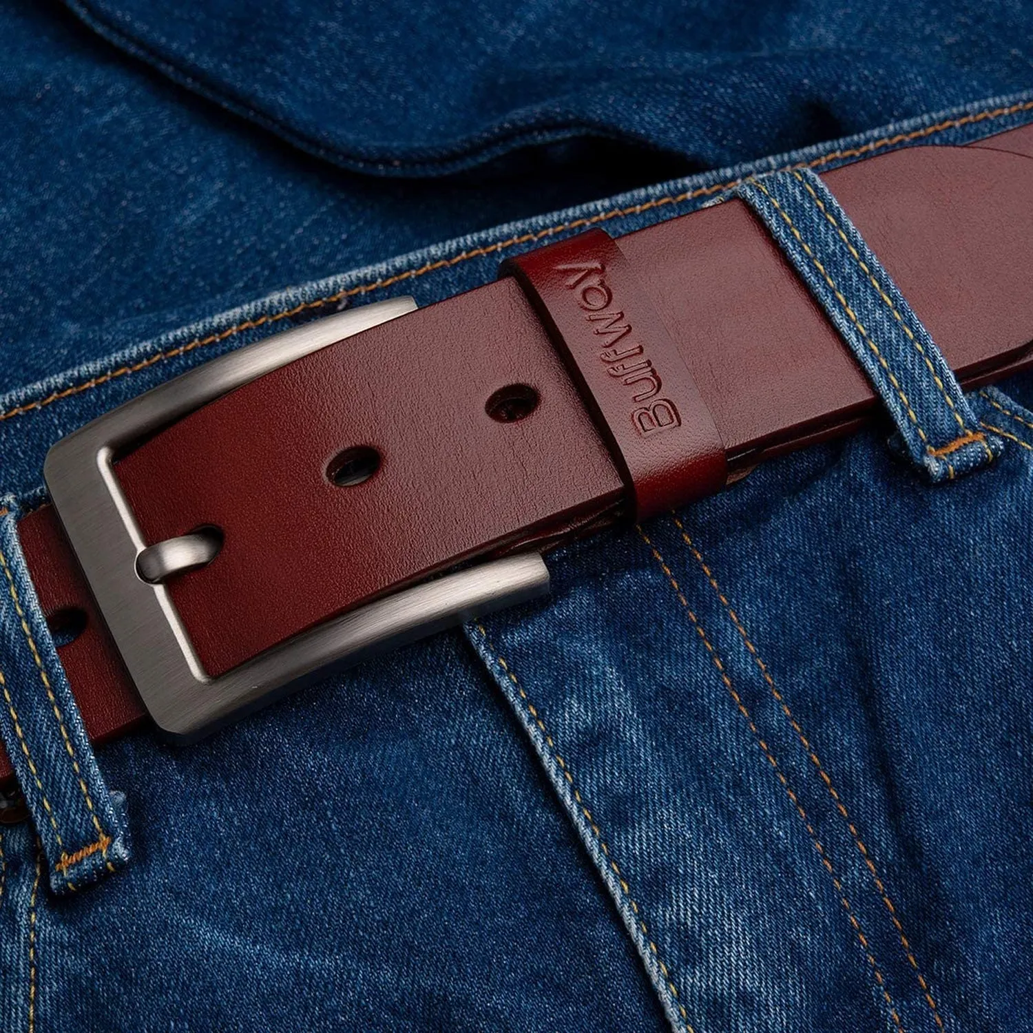 Buffway - Men's Belt Heavy Duty Italian Leather | Width 1.5" | Color Burgundy