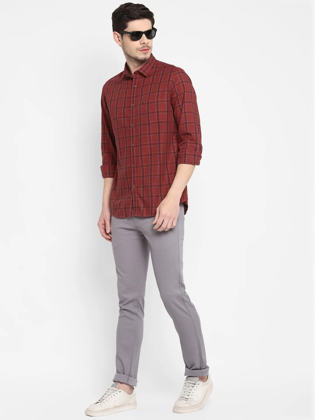 Checked Maroon Slim Fit Causal Shirt