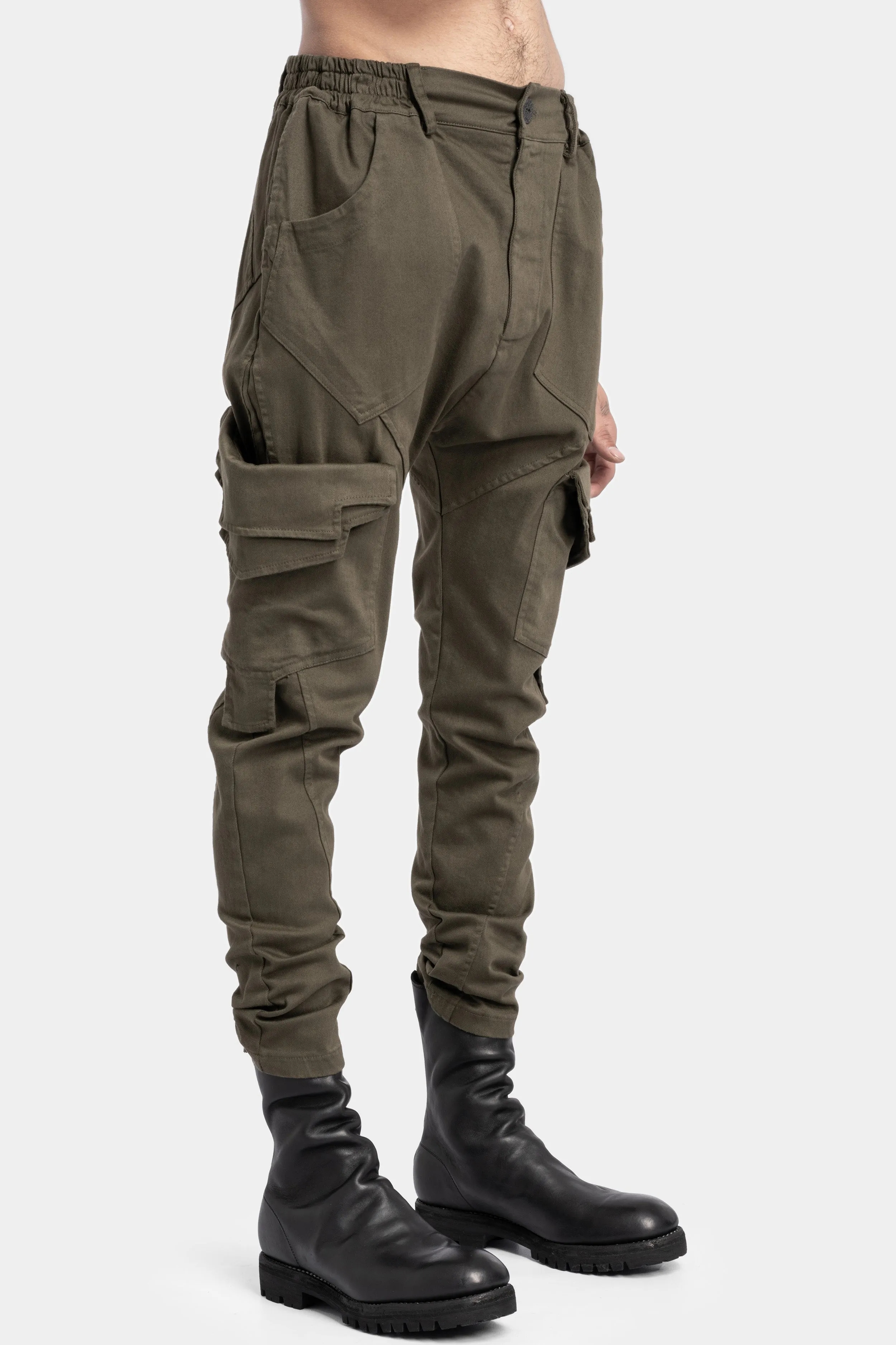 Cotton twill skinny cargo trousers, Military Green