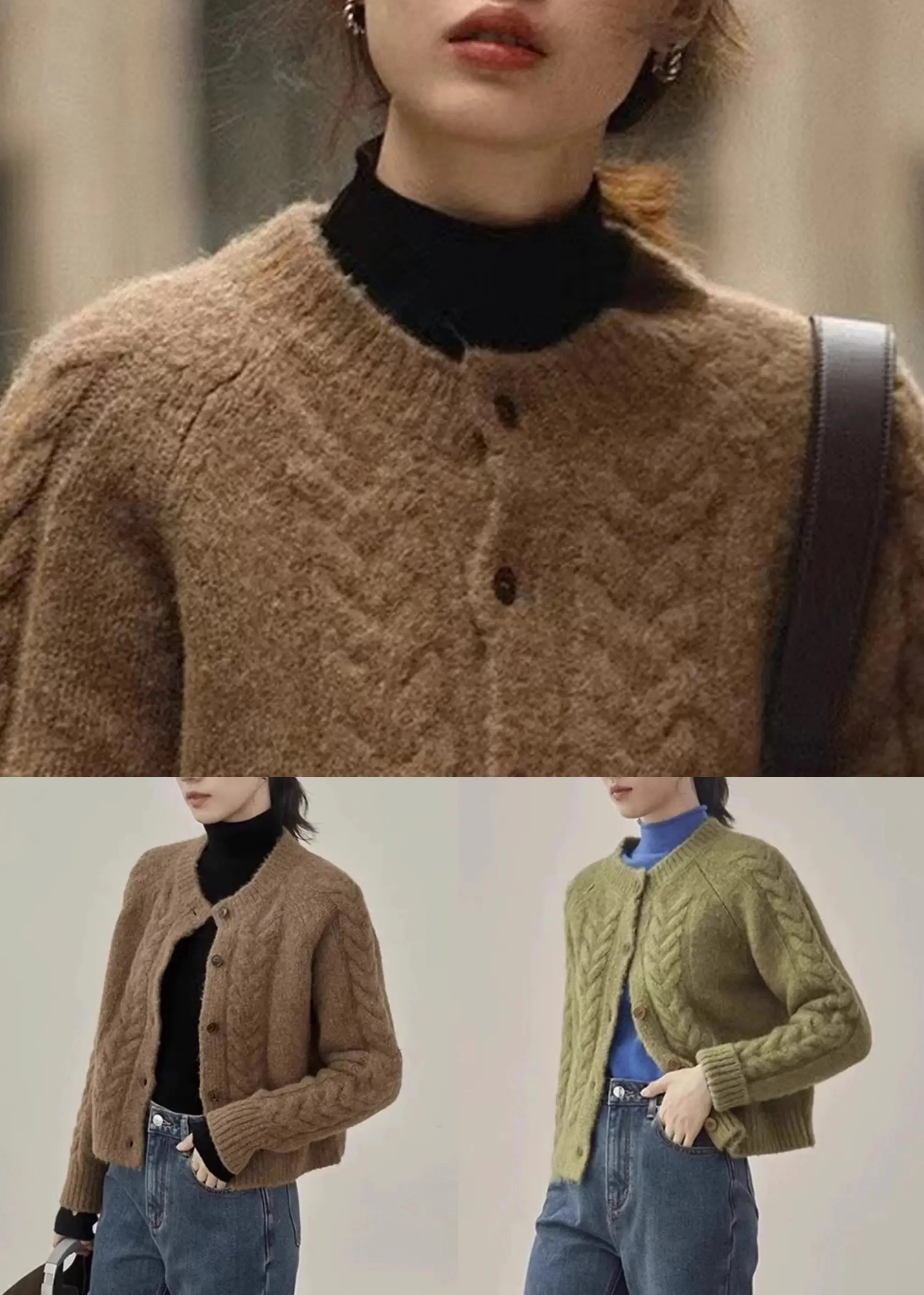 Green Cable Knit Sweaters Knit Coats O Neck Long Sleeve ML3235