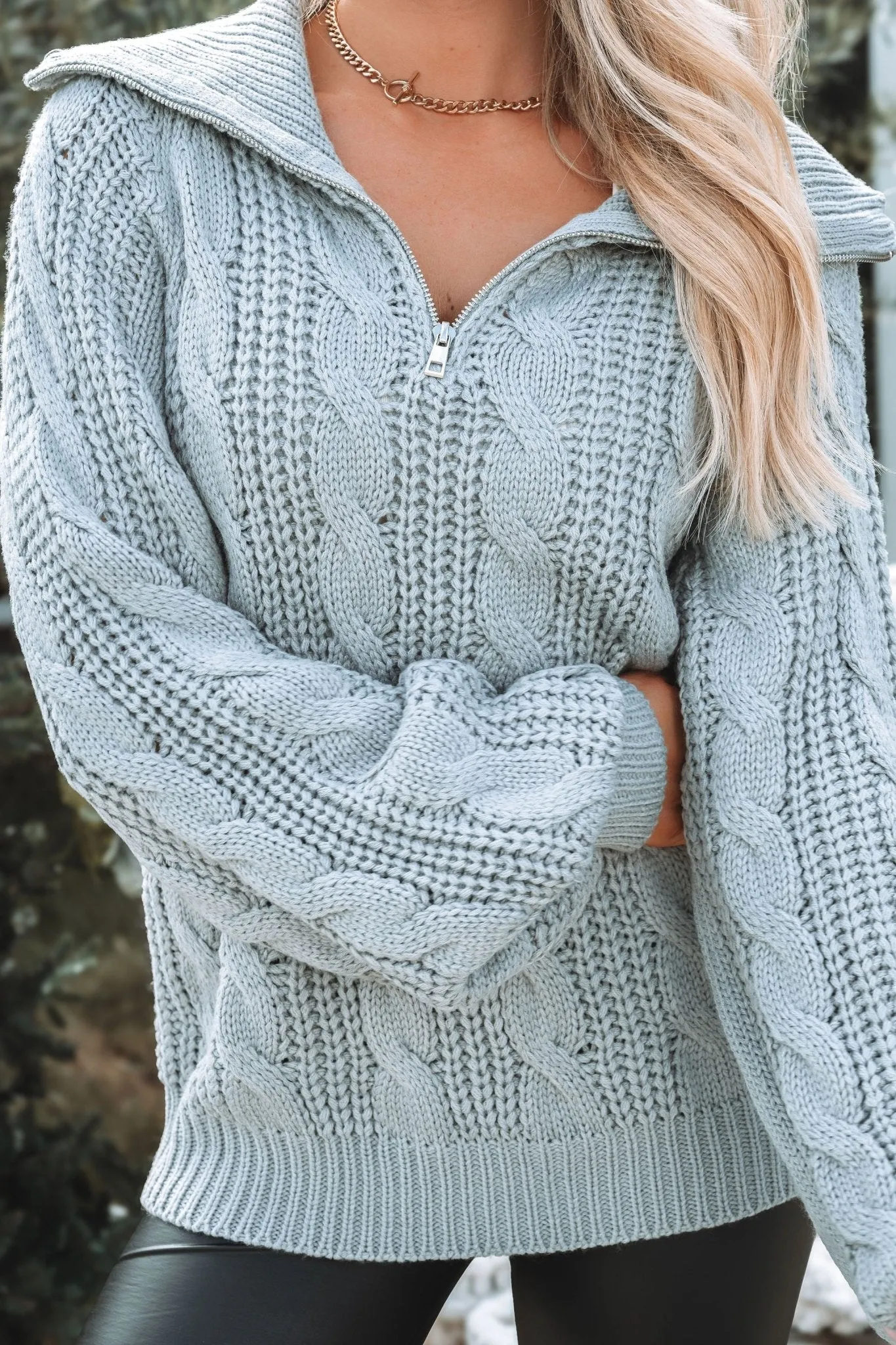 Grey Cable Knit Zip Up Sweater