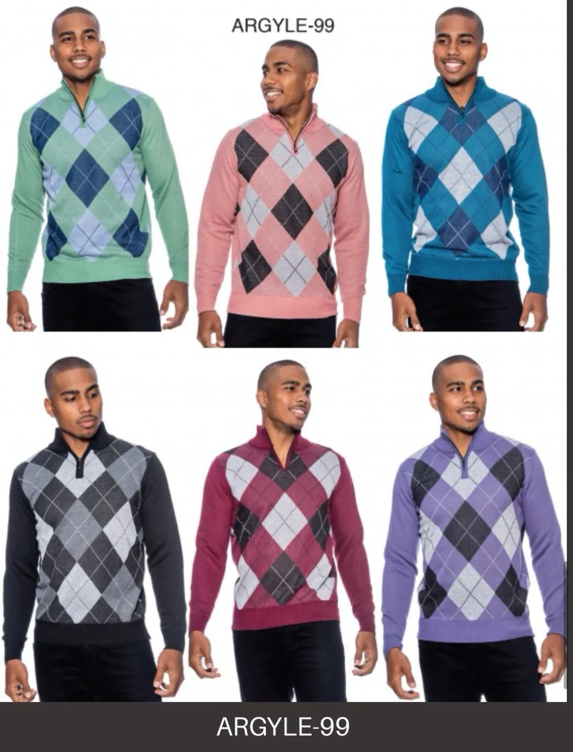 Grey Men's Crewneck Sweater Argyle Pattern Quarter Zip Up Long Sleeve Knit Pullover-99