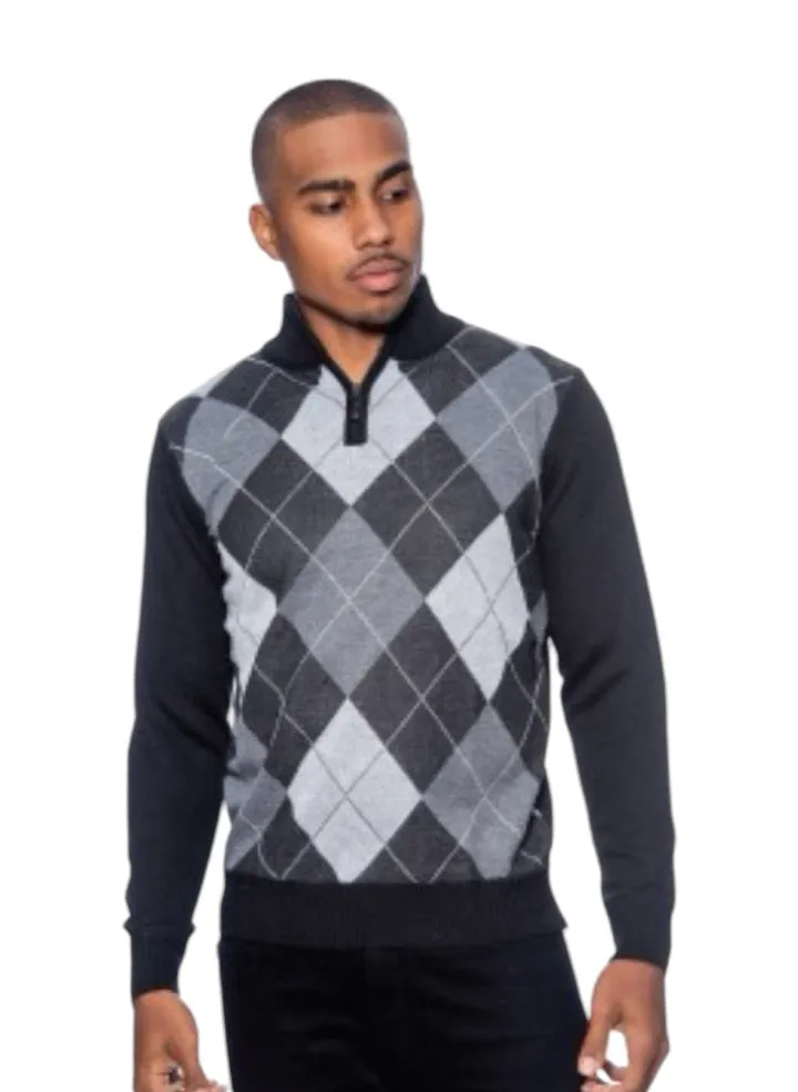 Grey Men's Crewneck Sweater Argyle Pattern Quarter Zip Up Long Sleeve Knit Pullover-99