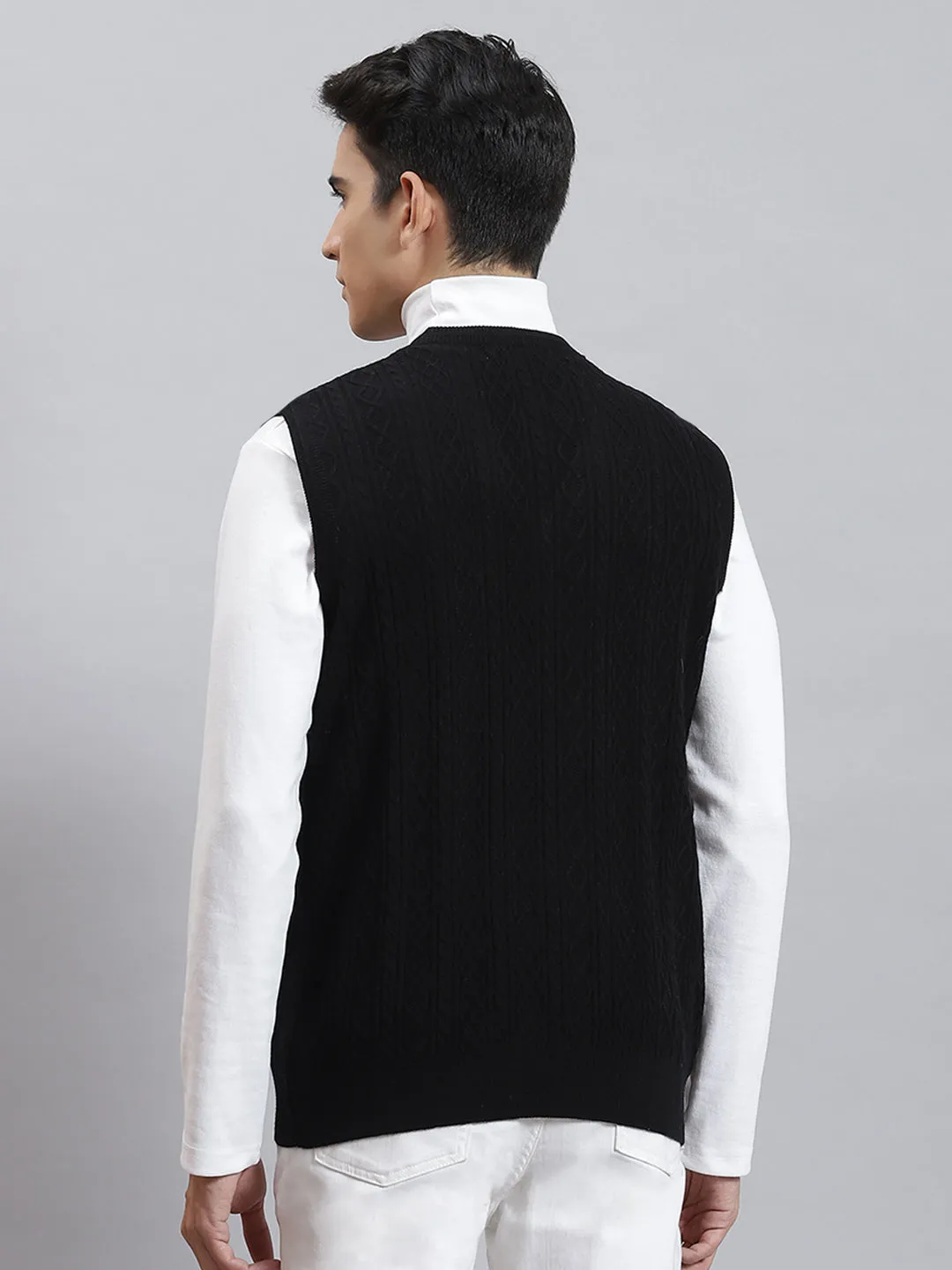 Men Black Self Design V Neck Sleeveless Sweaters/Pullovers