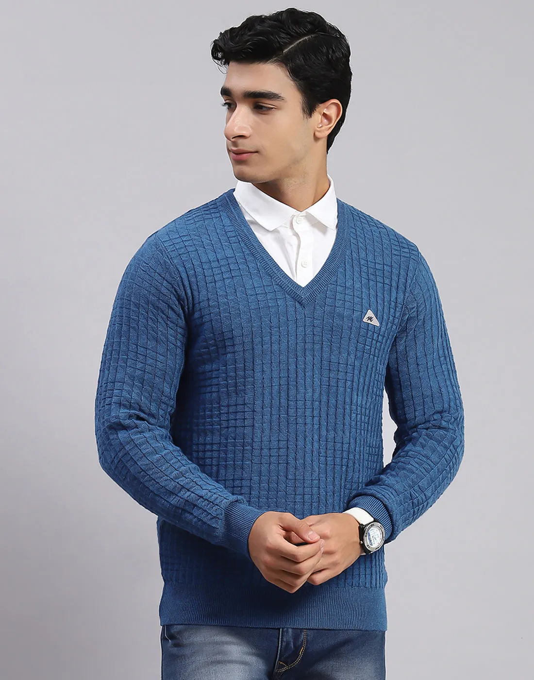 Men Blue Self Design V Neck Full Sleeve Sweaters/Pullovers