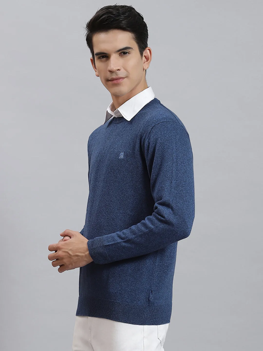 Men Blue Solid Round Neck Full Sleeve Sweaters/Pullovers