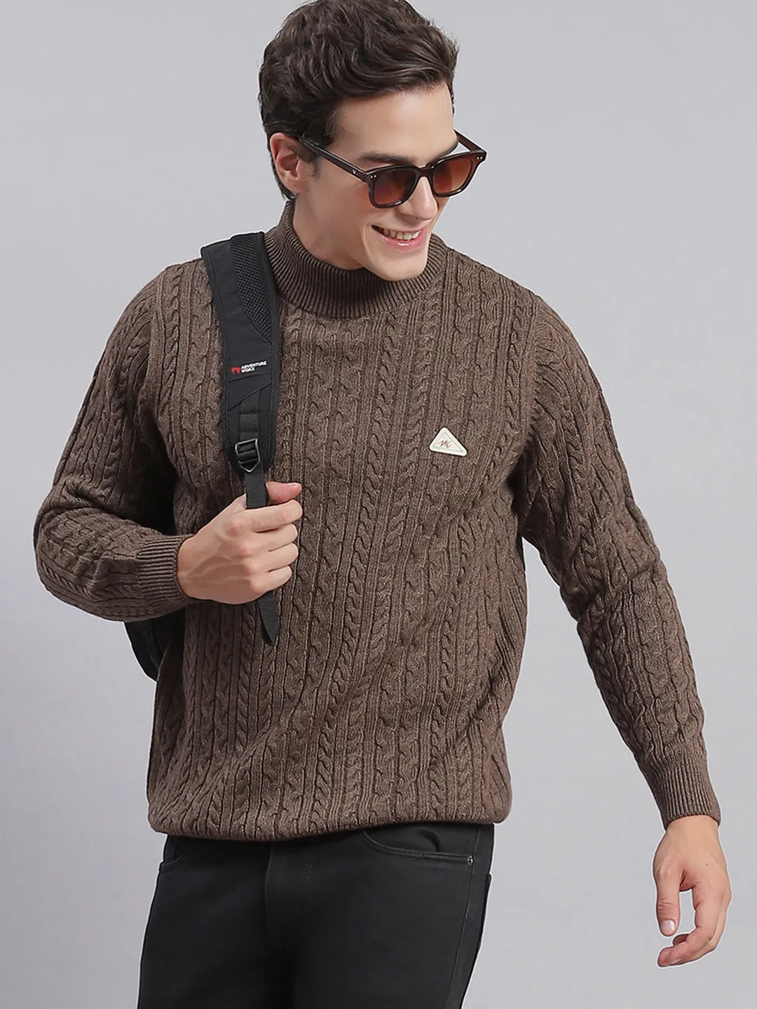 Men Brown Self Design T Neck Full Sleeve Sweaters/Pullovers