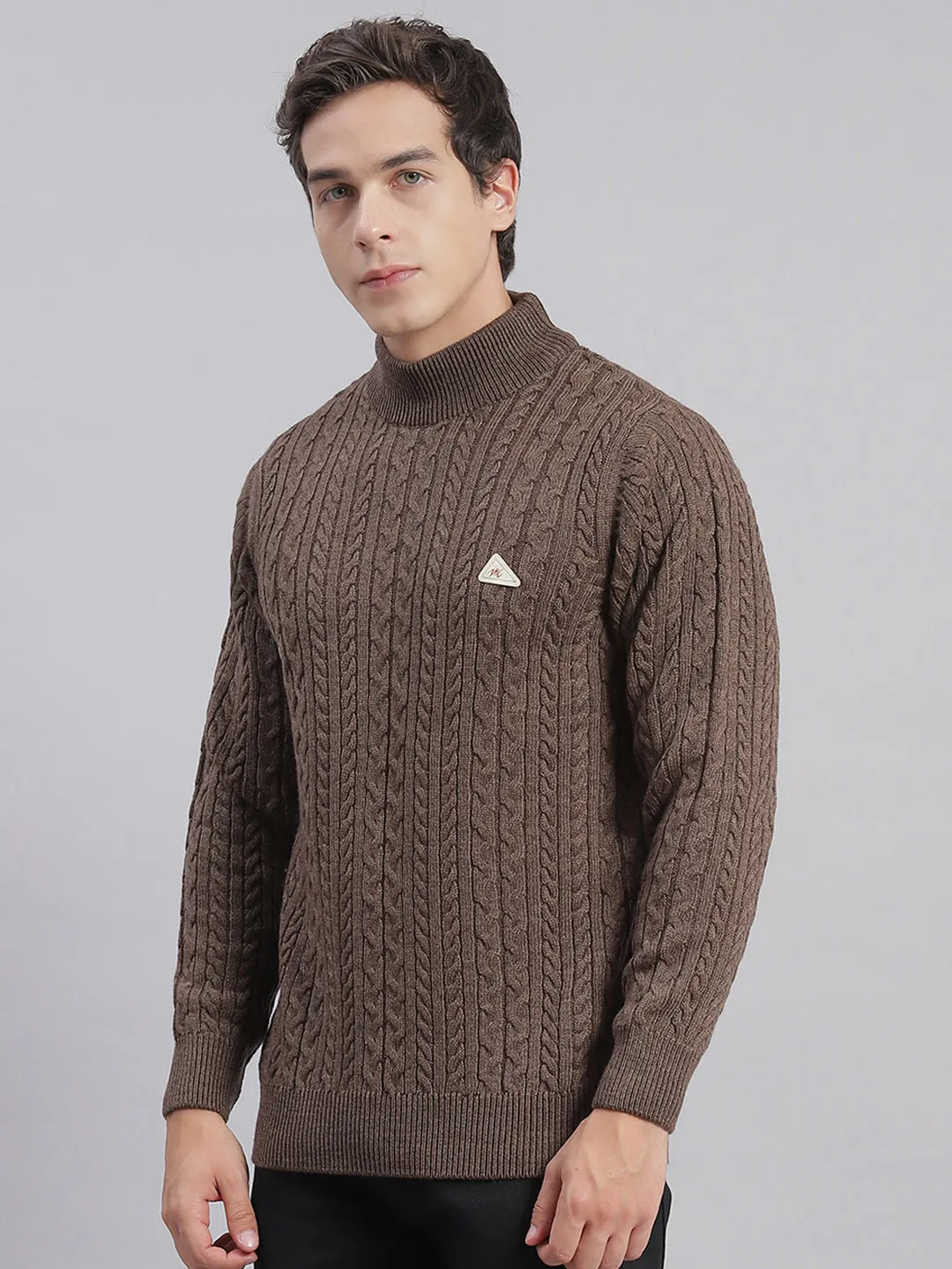 Men Brown Self Design T Neck Full Sleeve Sweaters/Pullovers