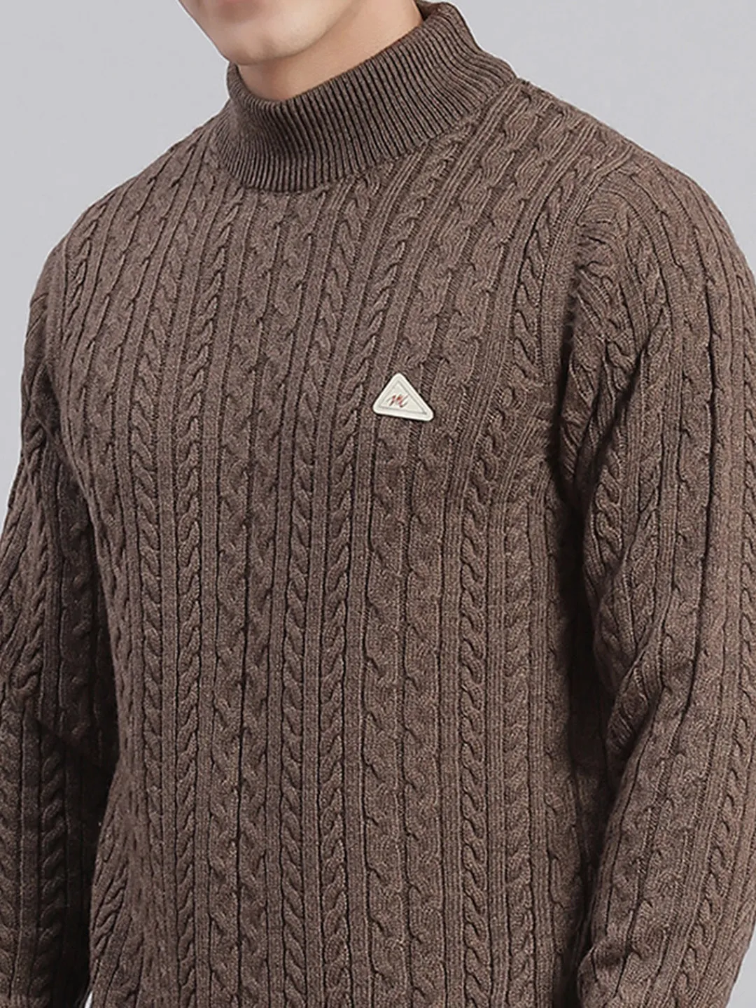 Men Brown Self Design T Neck Full Sleeve Sweaters/Pullovers