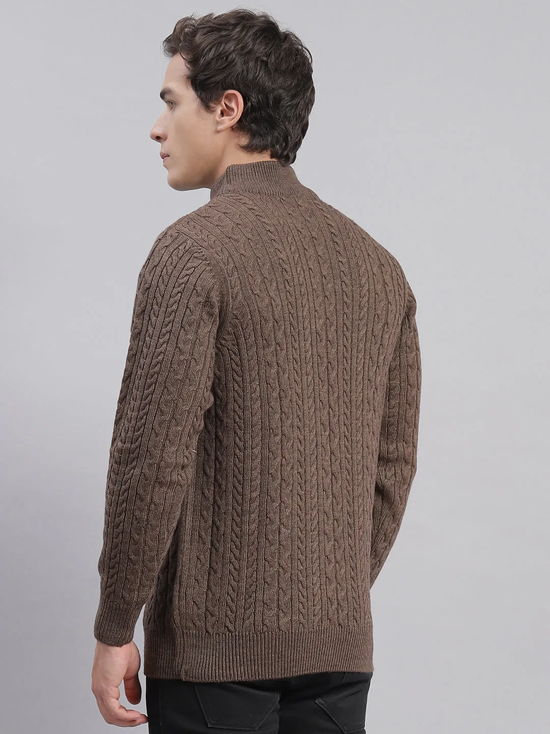 Men Brown Self Design T Neck Full Sleeve Sweaters/Pullovers