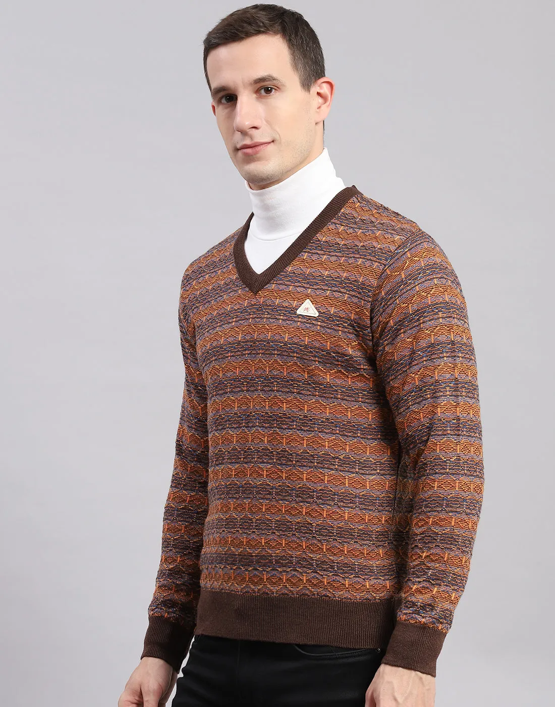 Men Brown Self Design V Neck Full Sleeve Sweaters/Pullovers