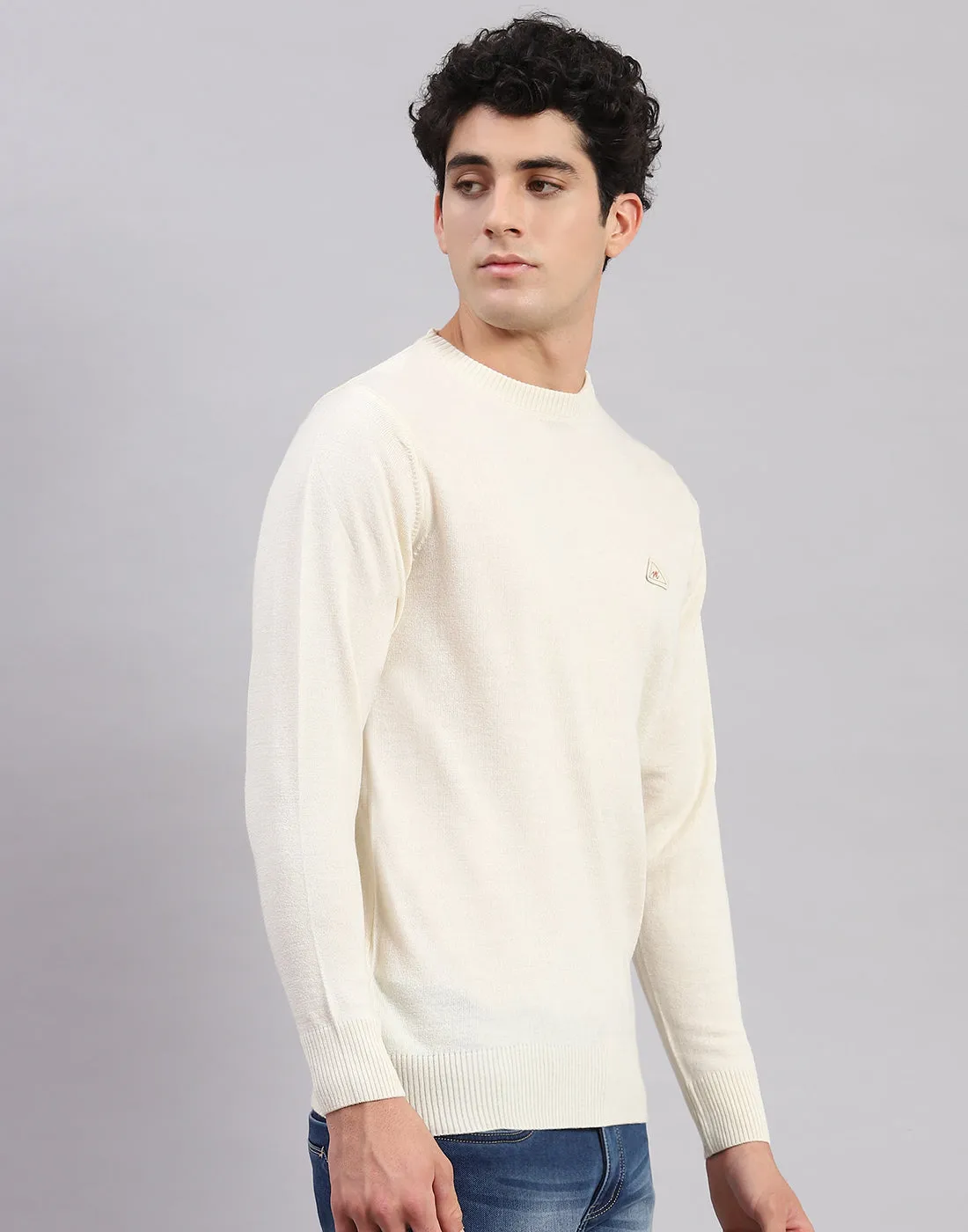 Men Cream Solid Round Neck Full Sleeve Sweaters/Pullovers