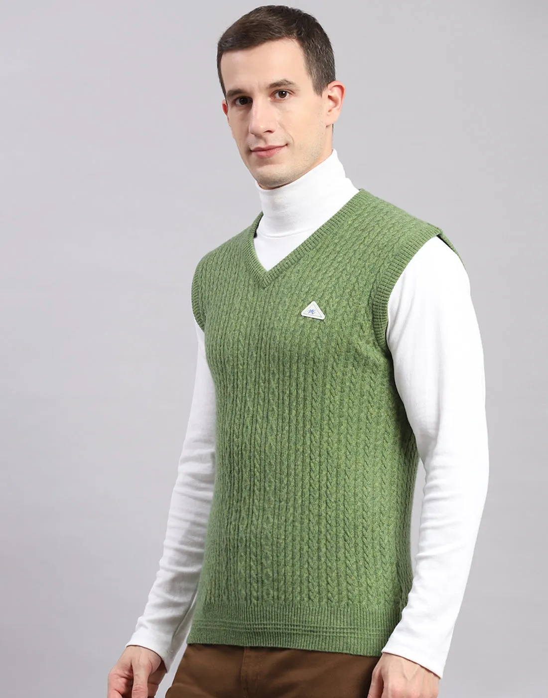 Men Green Self Design V Neck Sleeveless Sweaters/Pullovers