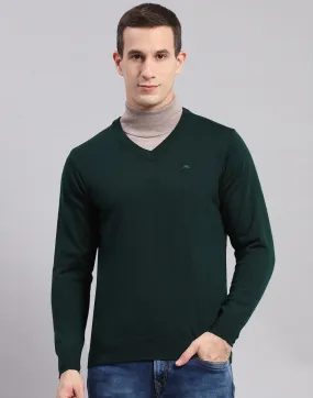 Men Green Solid V Neck Full Sleeve Sweaters/Pullovers