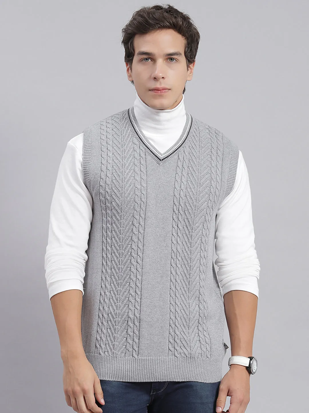 Men Grey Self Design V Neck Sleeveless Sweaters/Pullovers