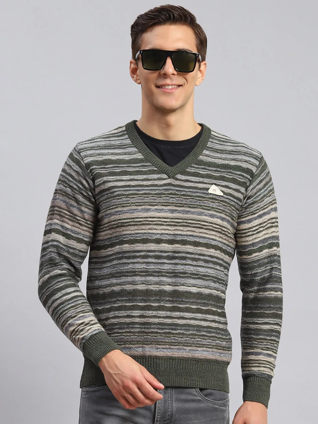 Men Multicolor Self Design V Neck Full Sleeve Sweaters/Pullovers