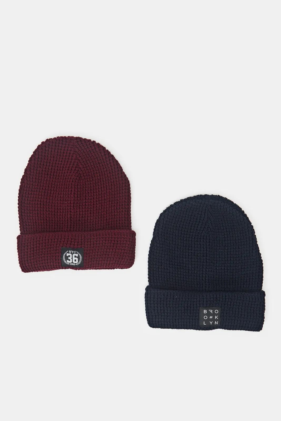 Men Navy And Burgundy Knitted Cap Set (Pack Of 2)