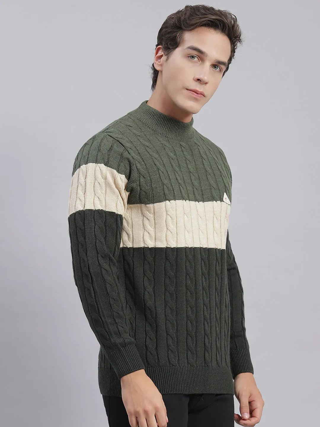 Men Olive Self Design T Neck Full Sleeve Sweaters/Pullovers