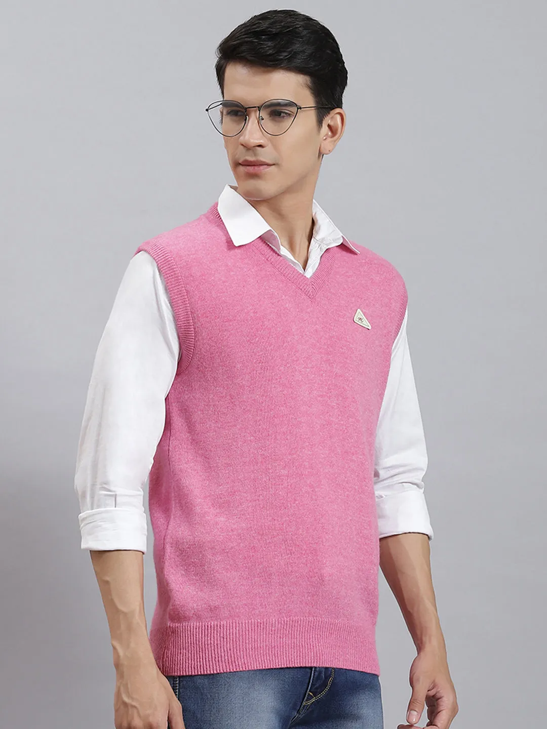 Men Pink Solid V Neck Sleeveless Sweaters/Pullovers