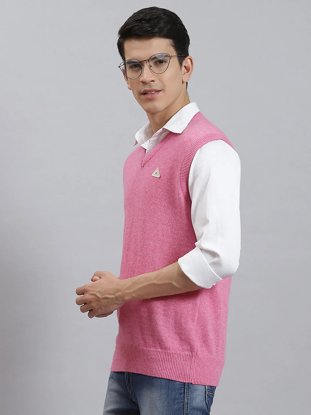 Men Pink Solid V Neck Sleeveless Sweaters/Pullovers