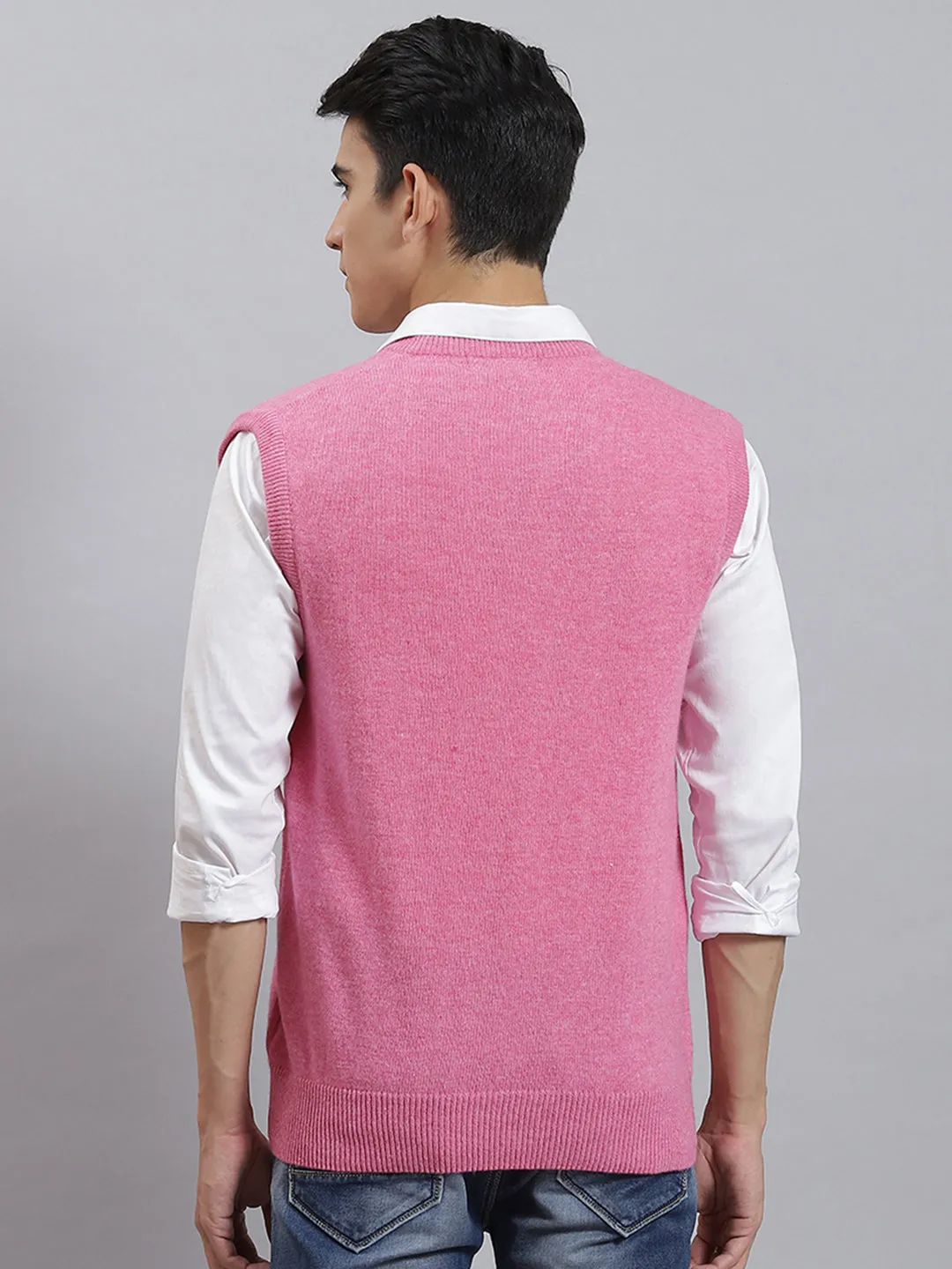 Men Pink Solid V Neck Sleeveless Sweaters/Pullovers