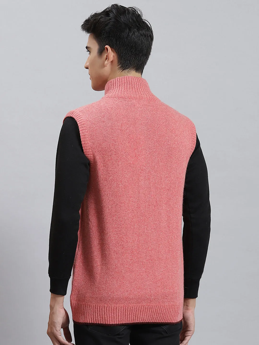 Men Red Solid Stand Collar Sleeveless Sweaters/Pullovers