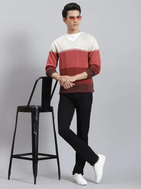 Men Rust Stripe V Neck Full Sleeve Sweaters/Pullovers