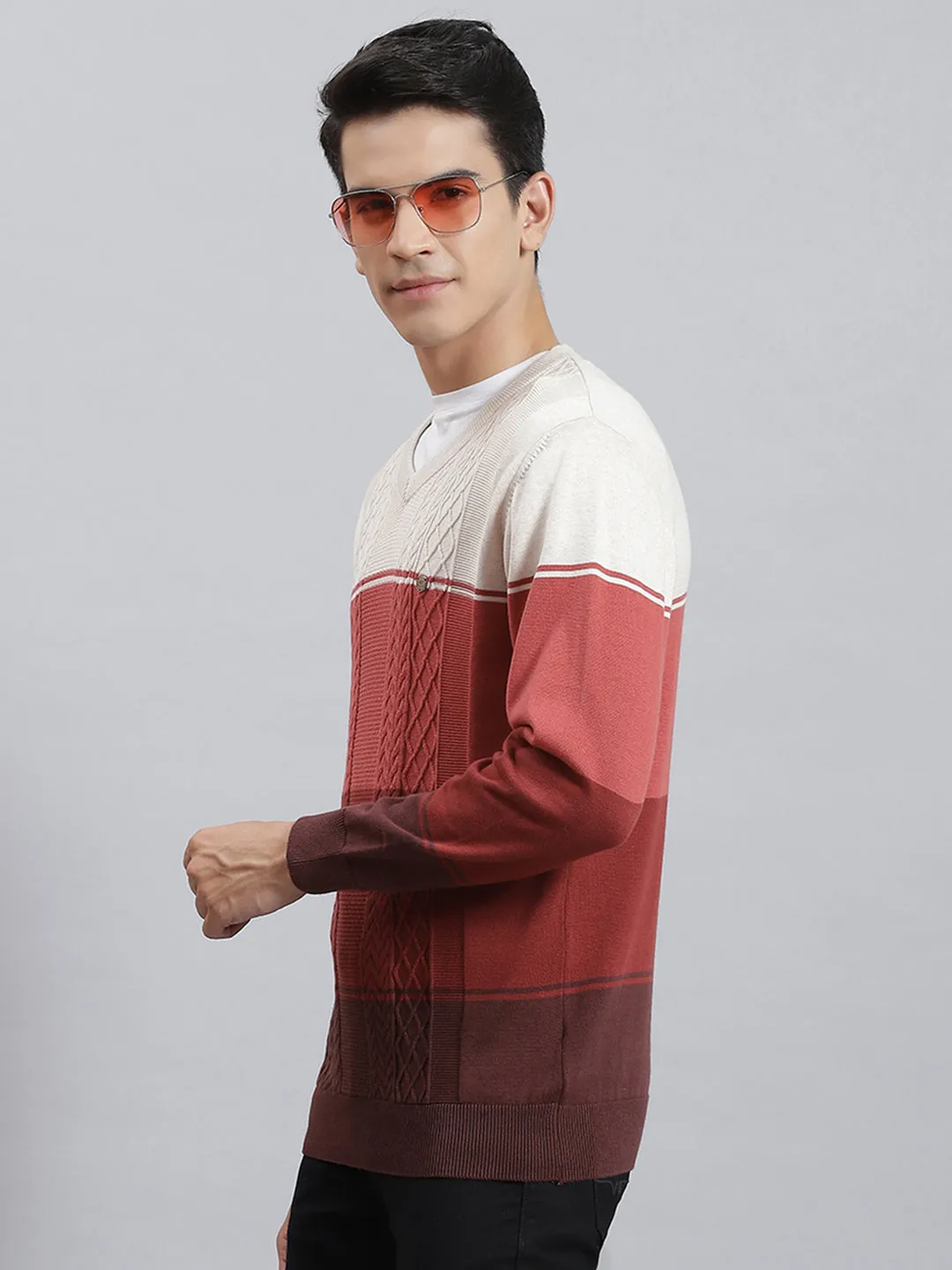 Men Rust Stripe V Neck Full Sleeve Sweaters/Pullovers