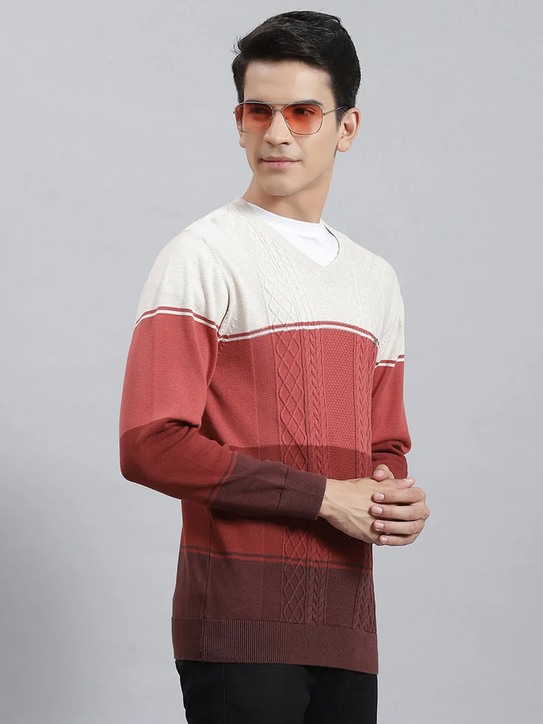 Men Rust Stripe V Neck Full Sleeve Sweaters/Pullovers