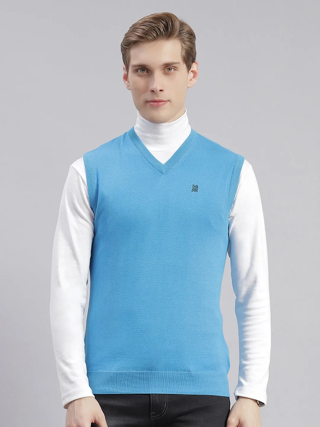 Men Turquoise Blue Solid V Neck Sleeveless Sweaters/Pullovers