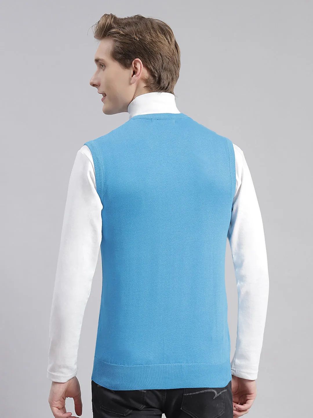 Men Turquoise Blue Solid V Neck Sleeveless Sweaters/Pullovers