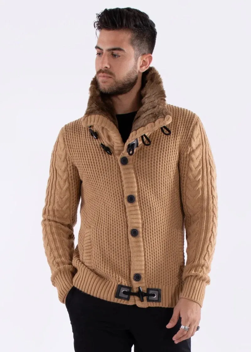 Men's Beige Khaki Turtleneck Jacket Winter Cardigan Men's Sweaters wit Fur