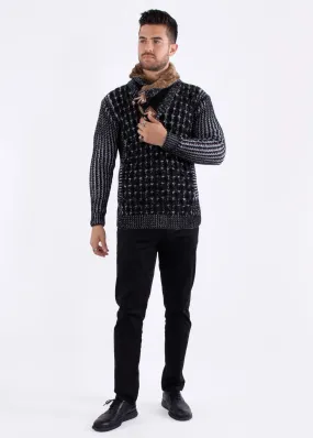 Men's Black Pullover Sweater Fur Collar Fashion Design Style No-235100