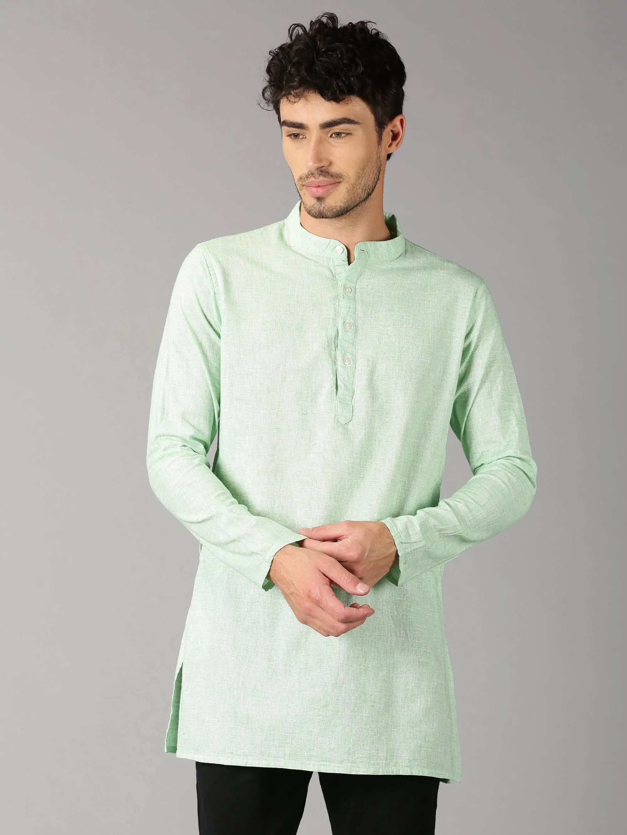 MEN'S GREEN SOLID SLIM FIT KURTHA