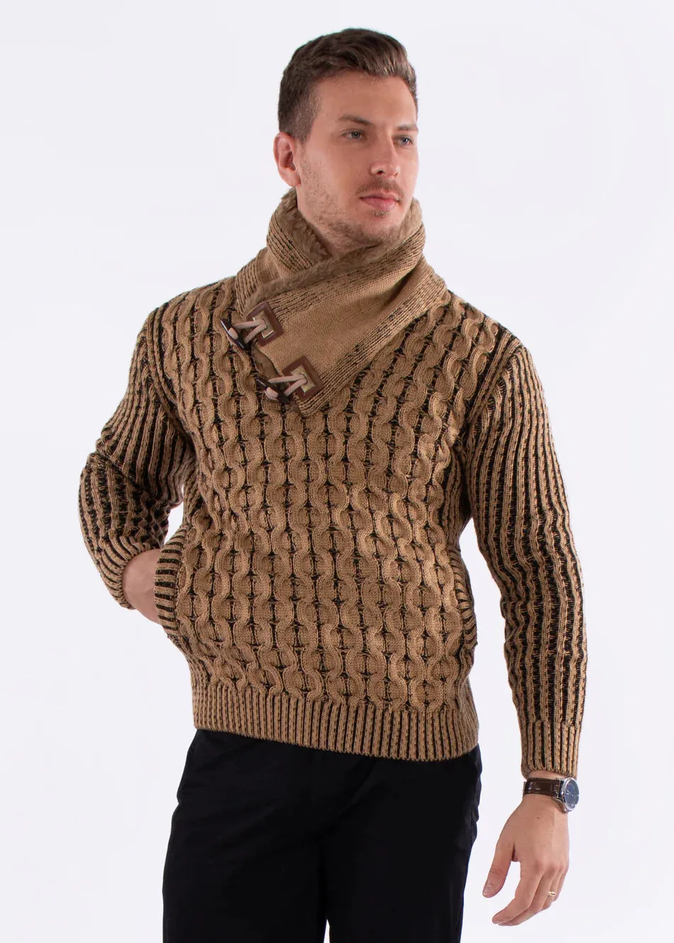 Men's Khaki Pullover Sweater Fur Collar Fashion Design Style No-235100 Beige