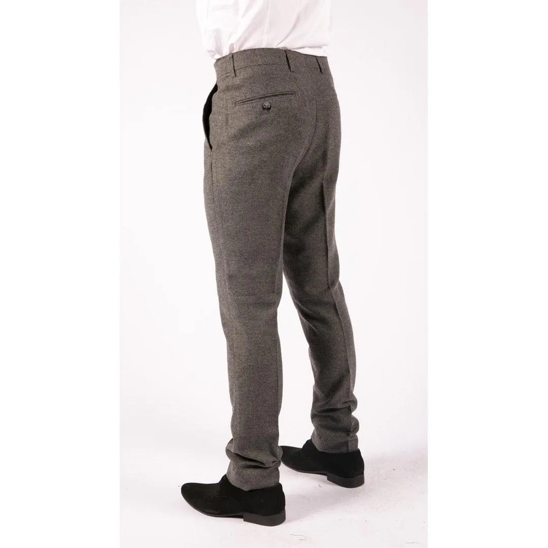 Mens Trousers Wool Herringbone Tweed Dark Grey Formal Classic 1920s Tailored Fit