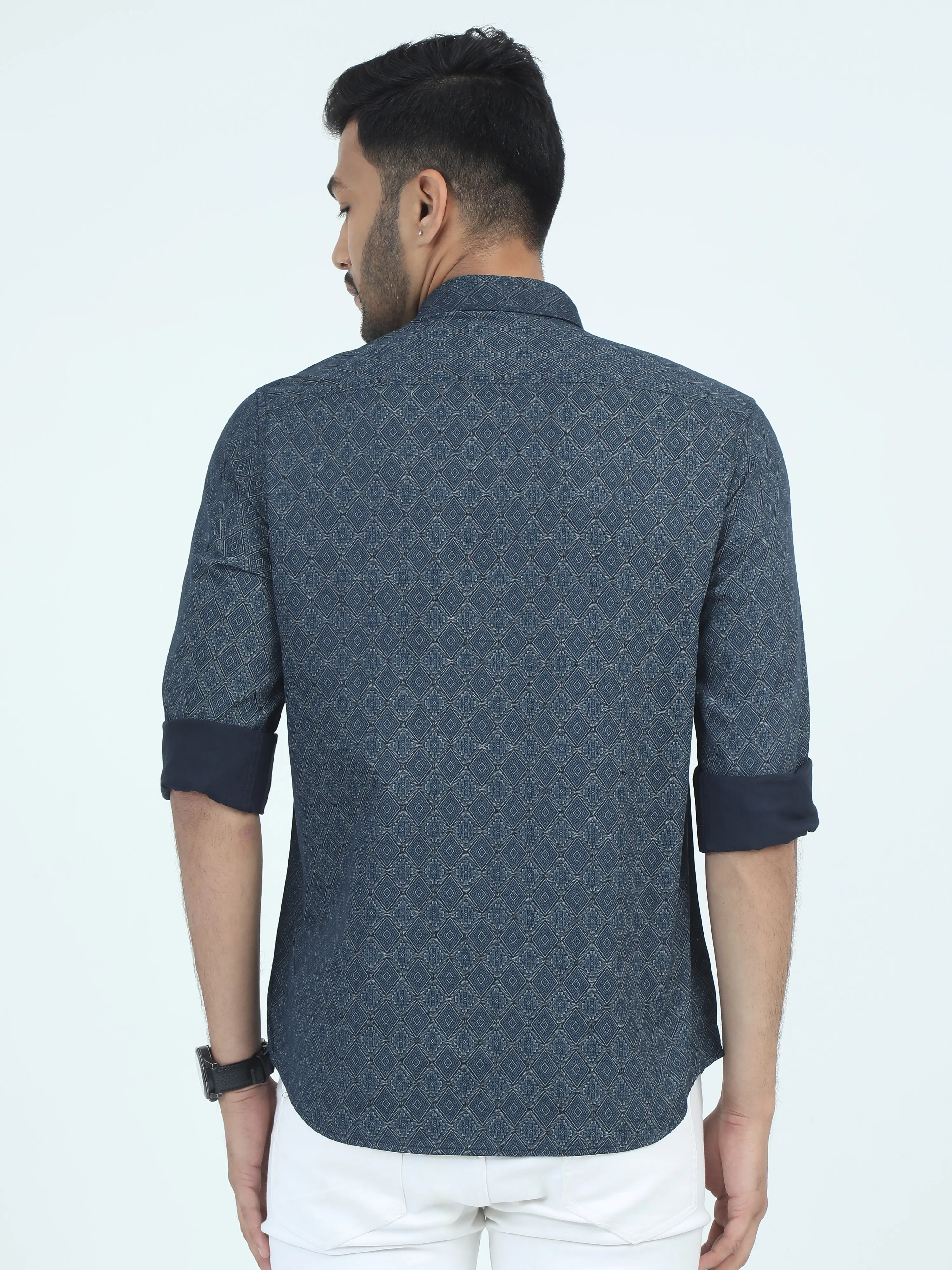 MEN'S TURQUOISE  PRINT SLIM FIT SHIRT