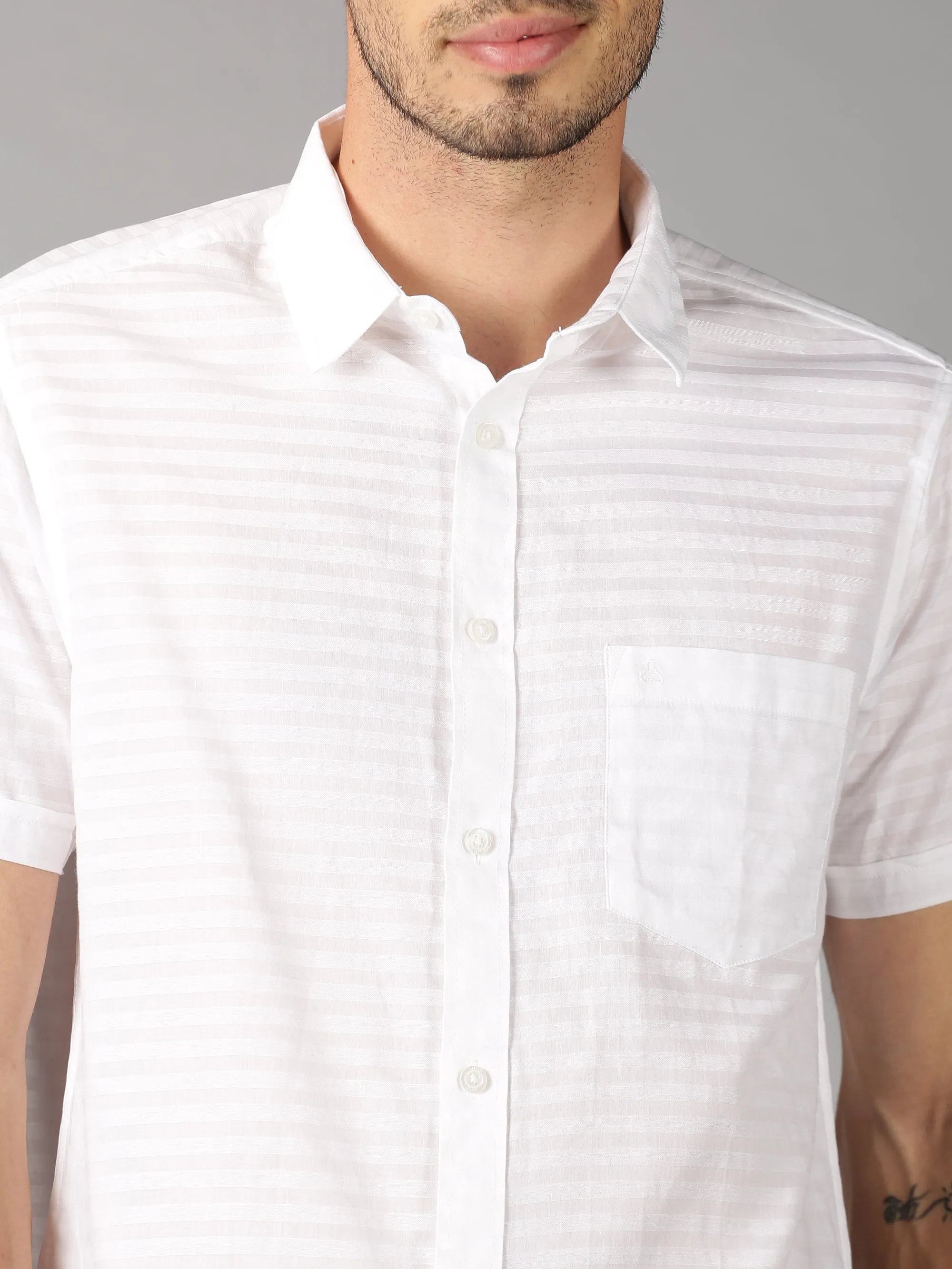 MEN'S WHITE DOBBY STRIPE SLIM FIT SHIRT