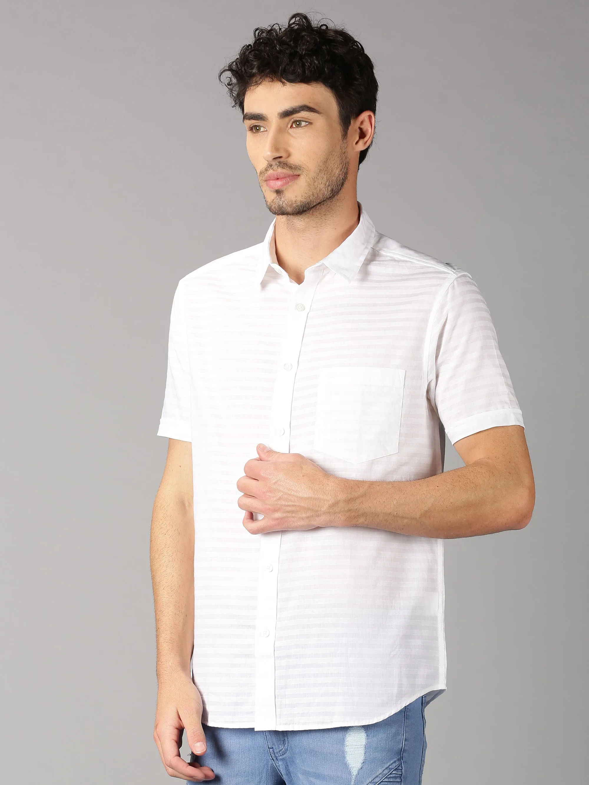 MEN'S WHITE DOBBY STRIPE SLIM FIT SHIRT