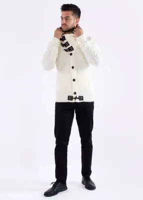 Men's White Sweaters with Fur Turtleneck Jacket Winter Cardigan