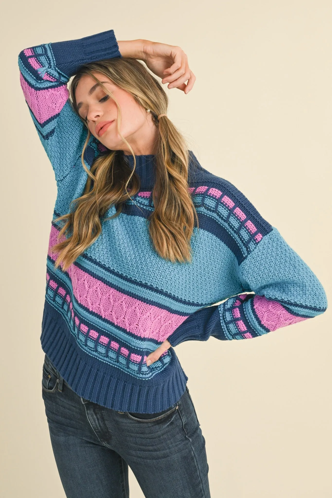 MIXED KNIT MOCK NECK SWEATER