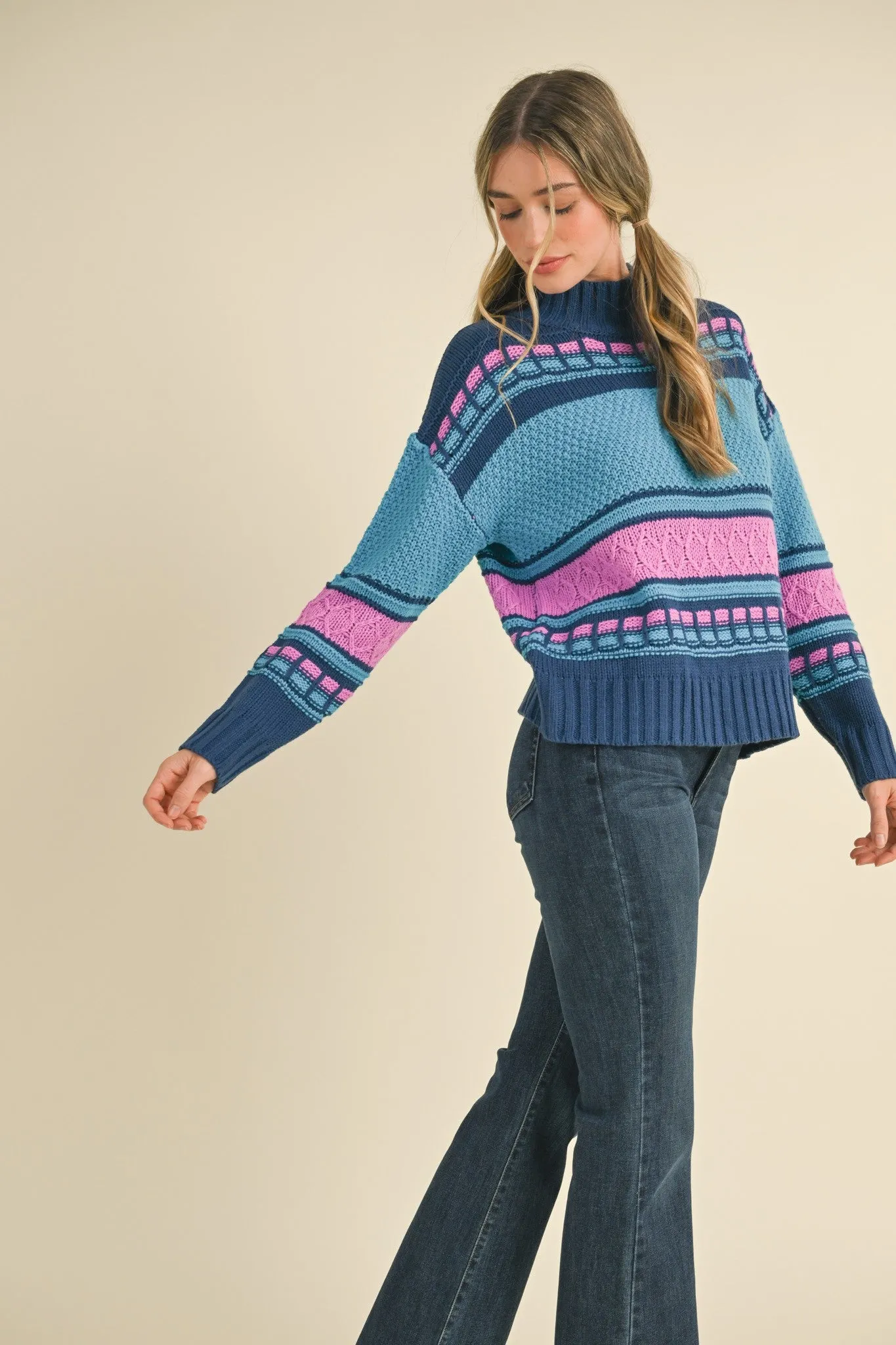 MIXED KNIT MOCK NECK SWEATER