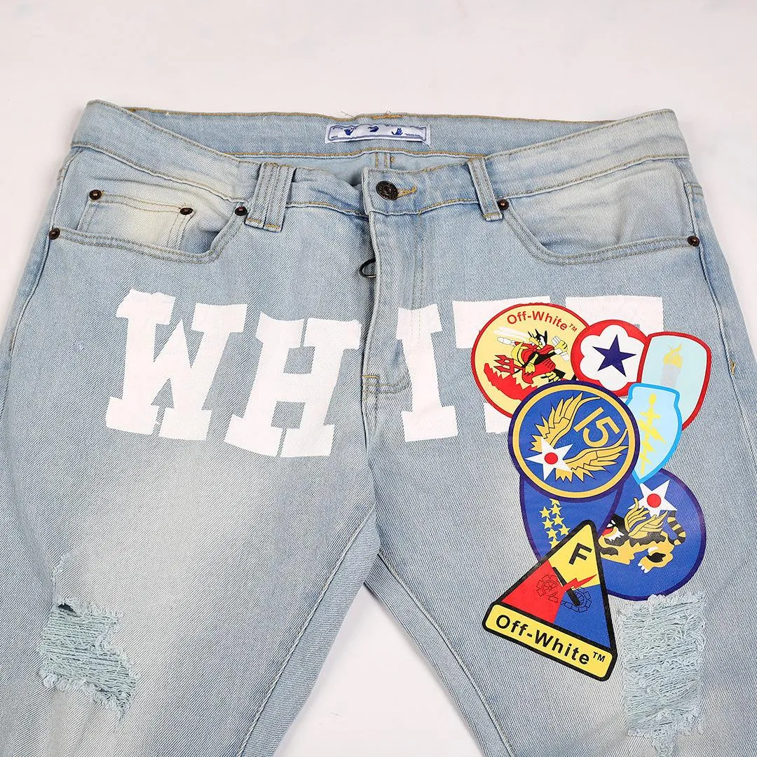 Off Authentic Ripped And Logo Designed Denim Jean - Blue